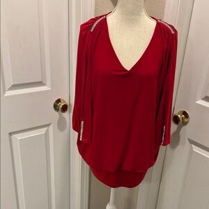 Red V-Neck Women's Top with Rhinestone Accents